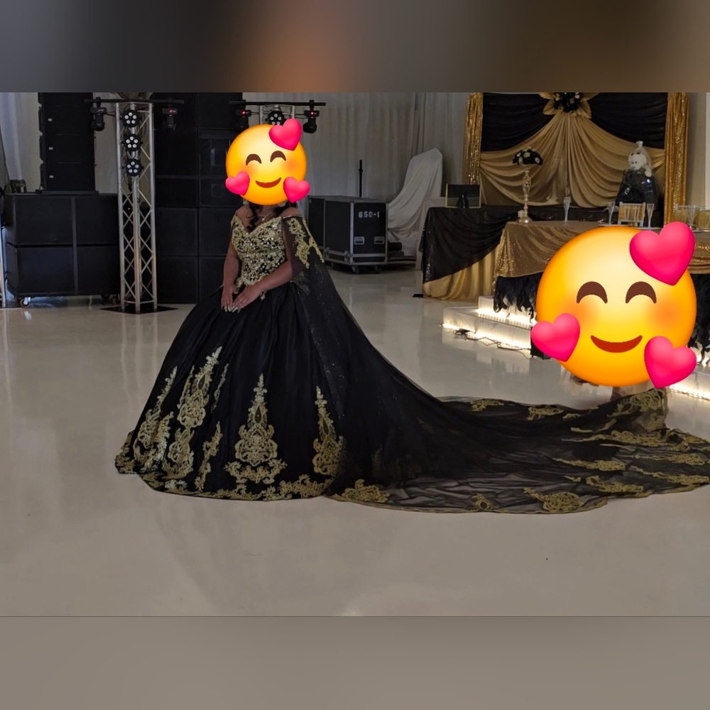 Prom Wedding Quinceañera Black Gold Ball Gown Iridescent gems detachable cape - Picture 2 of 10